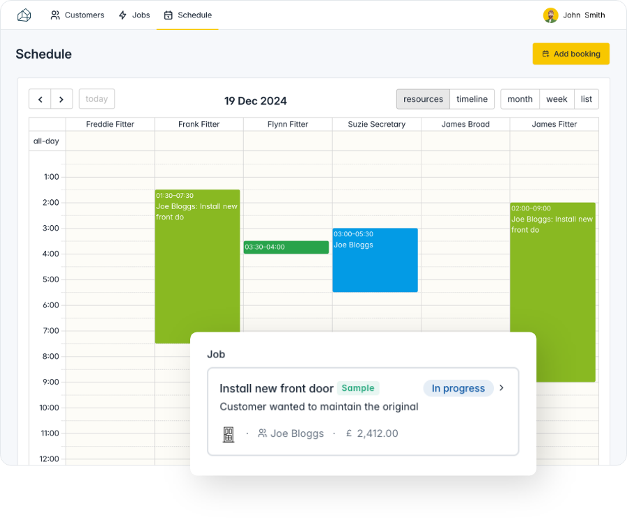 Team schedule and bookings
