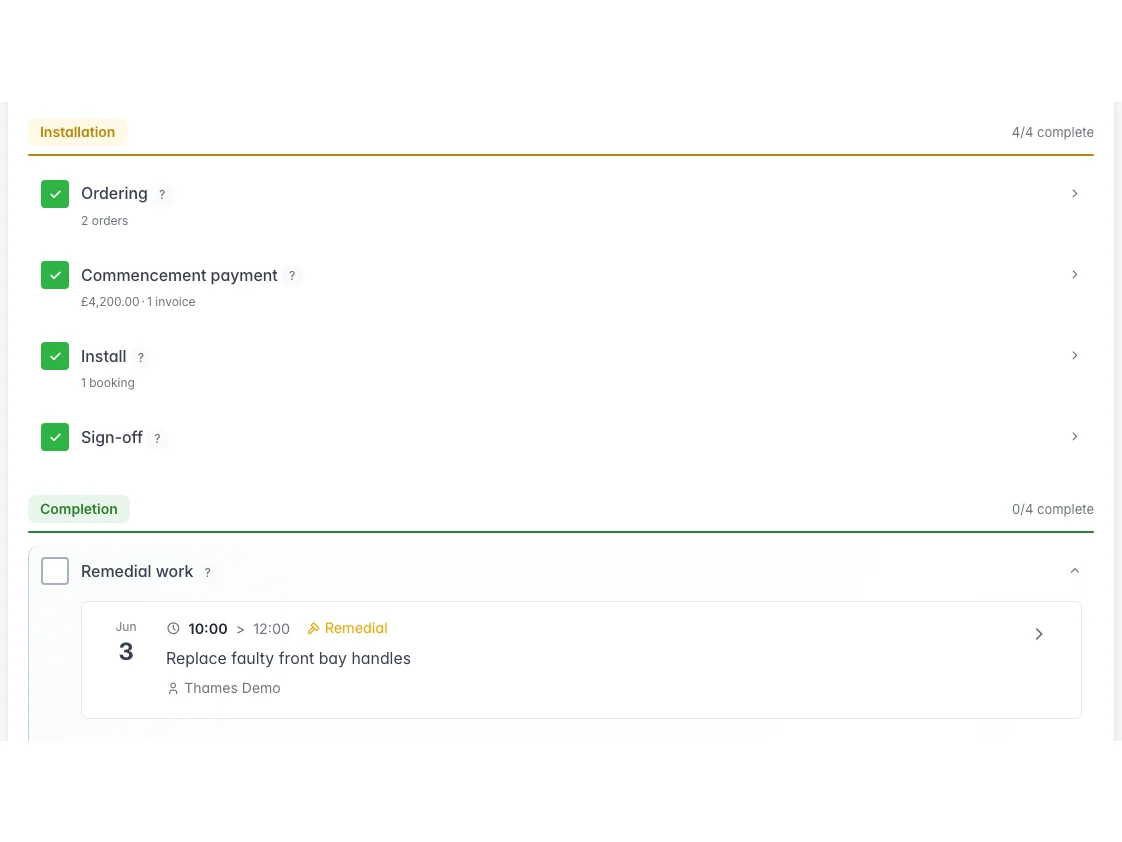 Installation SmartStages with remedial follow-up booking after sign-off