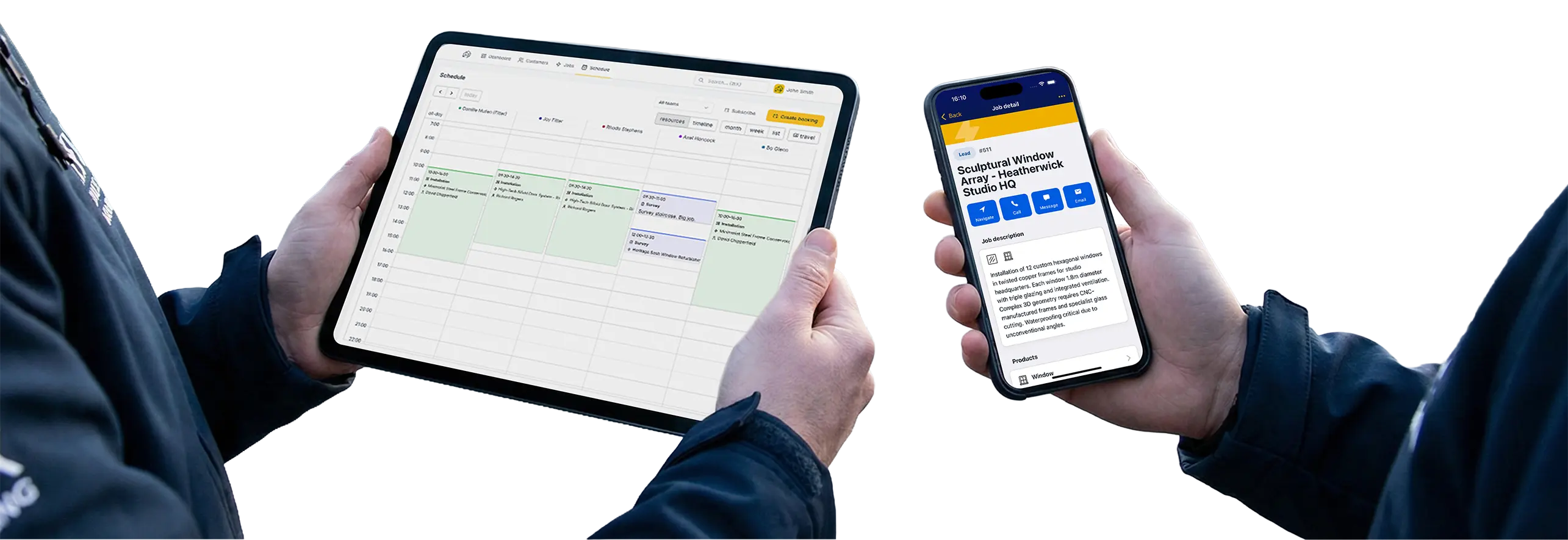 Admin and installer view of the platform as shown on a tablet and mobile phone
